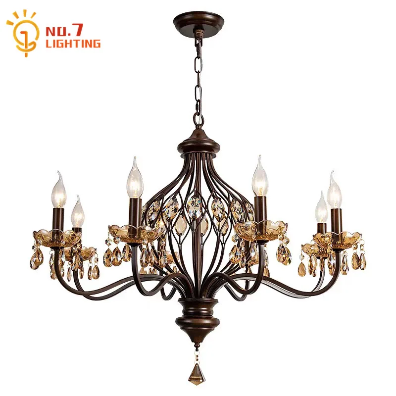 

American Retro Vintage Crystal Chandelier Lighting LED E14 French Medieval Walnut Pendant Lights Living/dining Room Bedroom Cafe