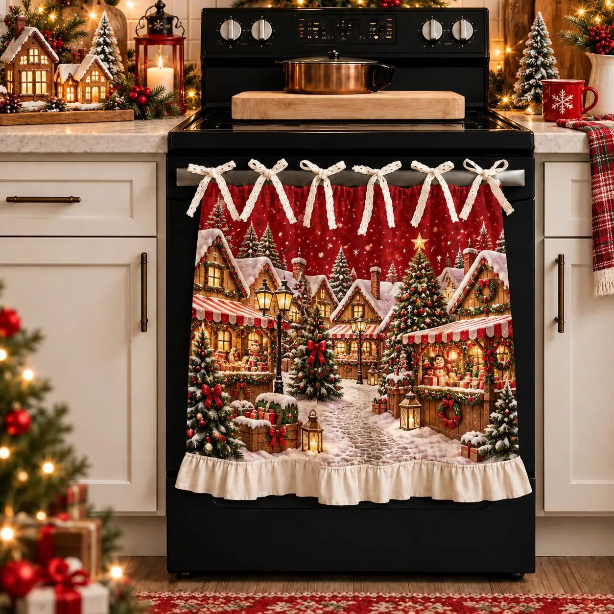 Christmas Oven Curtain with Tie Top Ruffle Hem Xmas Printed Oven Skirt Curtain Kitchen Christmas Home Decor 2027 gift