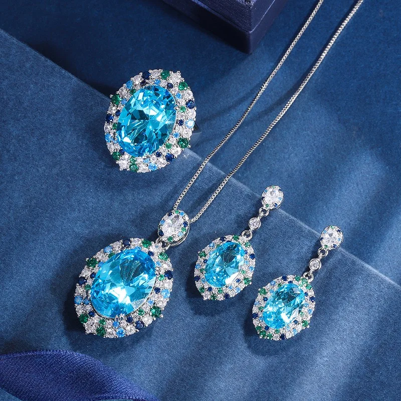 Women Luxury Oval Aquamarine Blue Cubic Zirconia Jewelry Set Multi Color Halo CZ Necklace Drop Earrings Ring Wedding  Gift