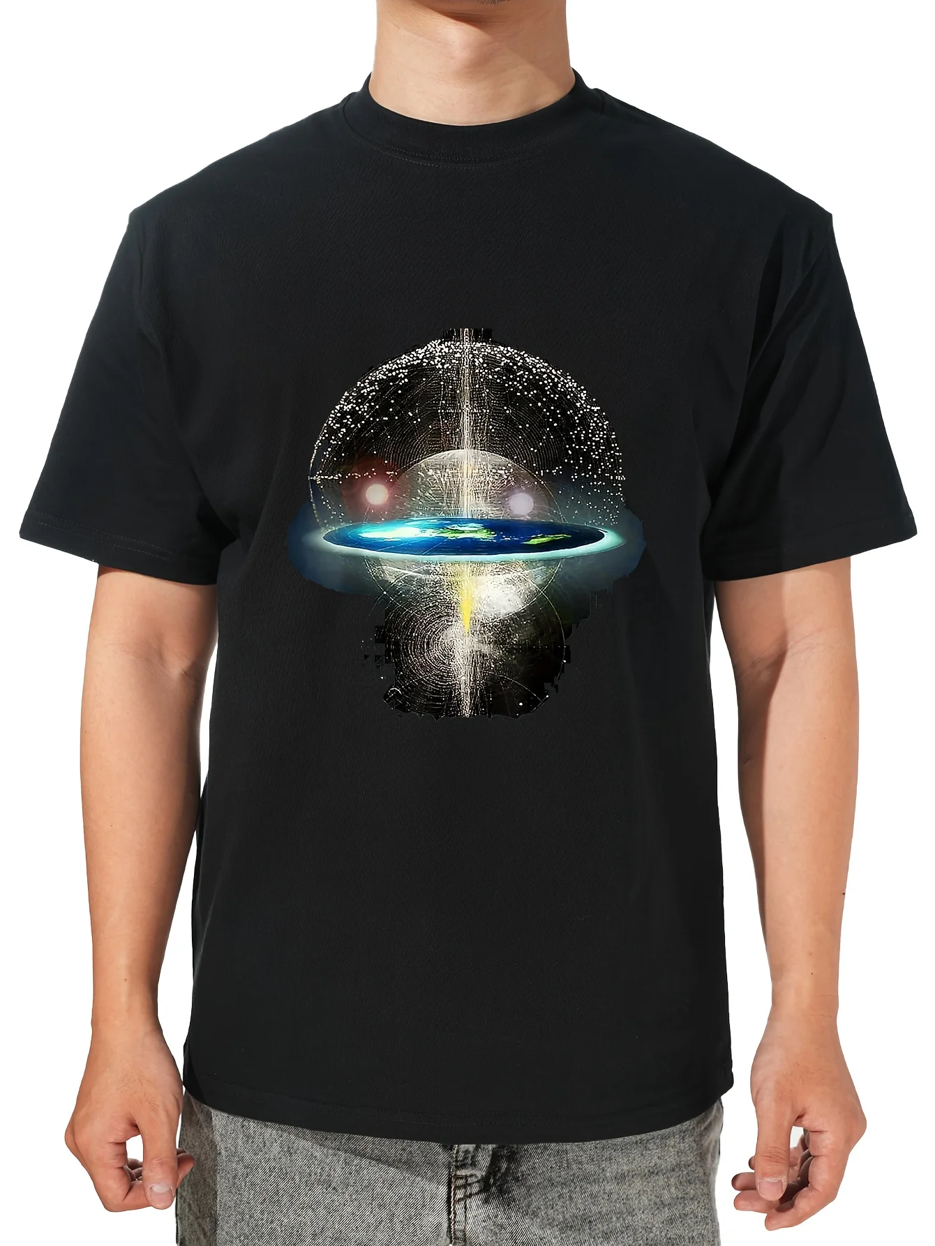 Men'S Cotton Graphic T-Shirt - Flat Earth Design with Red Dot Accents Casual Crew Neck Summer Tee for Adults Earth Tshirt
