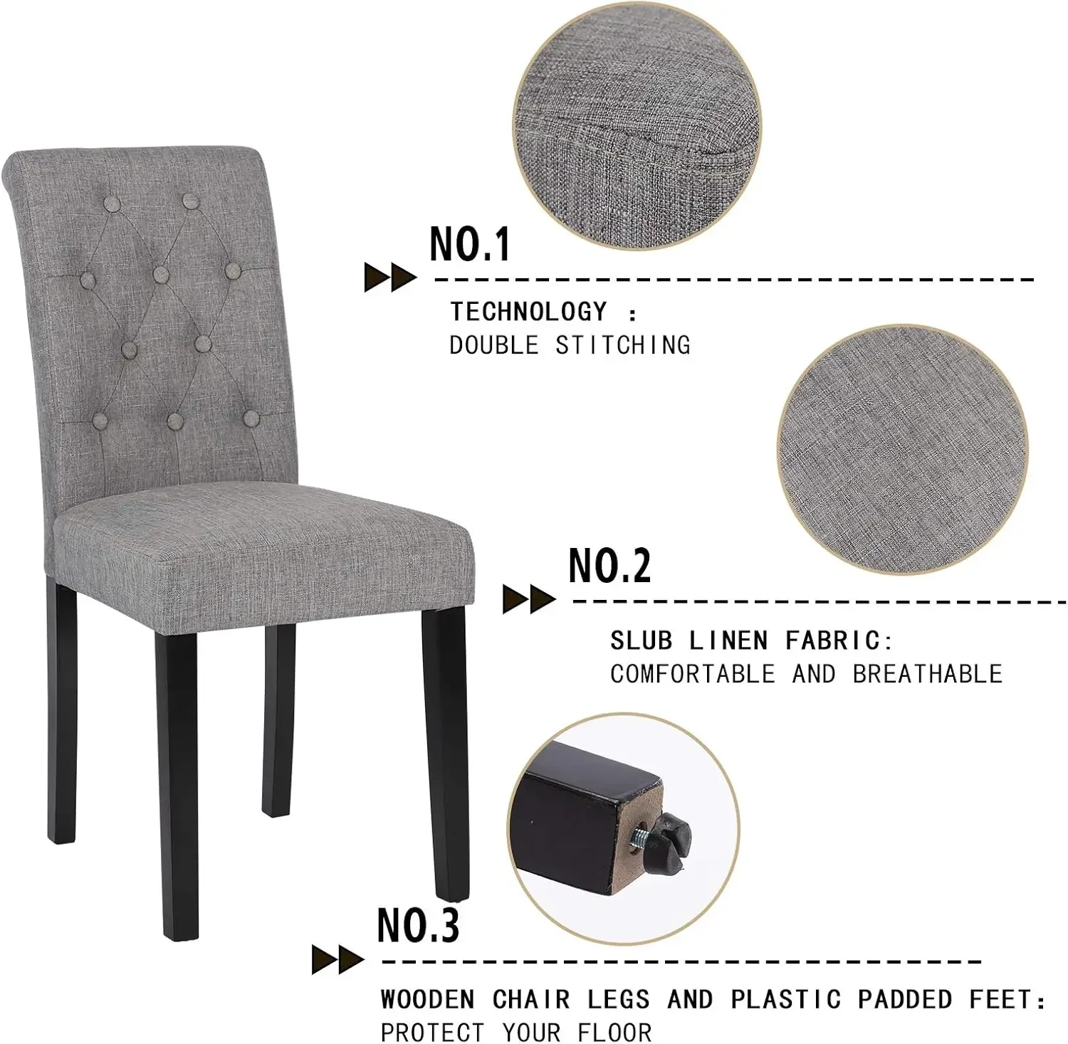 Button-Tufted Upholstered Fabric Dining Chairs with Solid Wood Legs, Set of 4 (Gray)