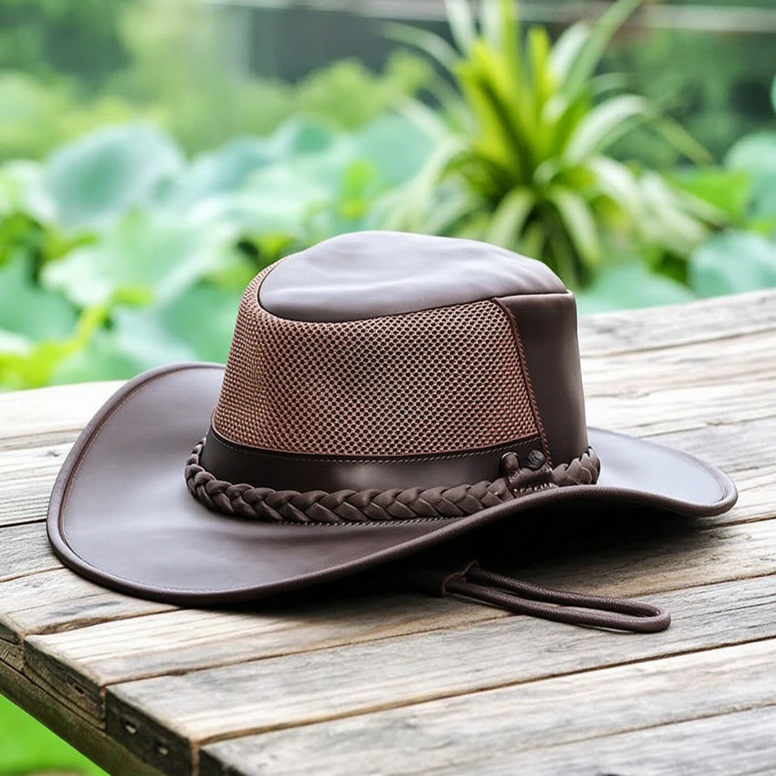 Leather Cowboy Hat Crazy-Horse Western Hat with Chin Strap Leather Chin Strap Brown Secure for Cowboys, Rodeo, Horseback Riding