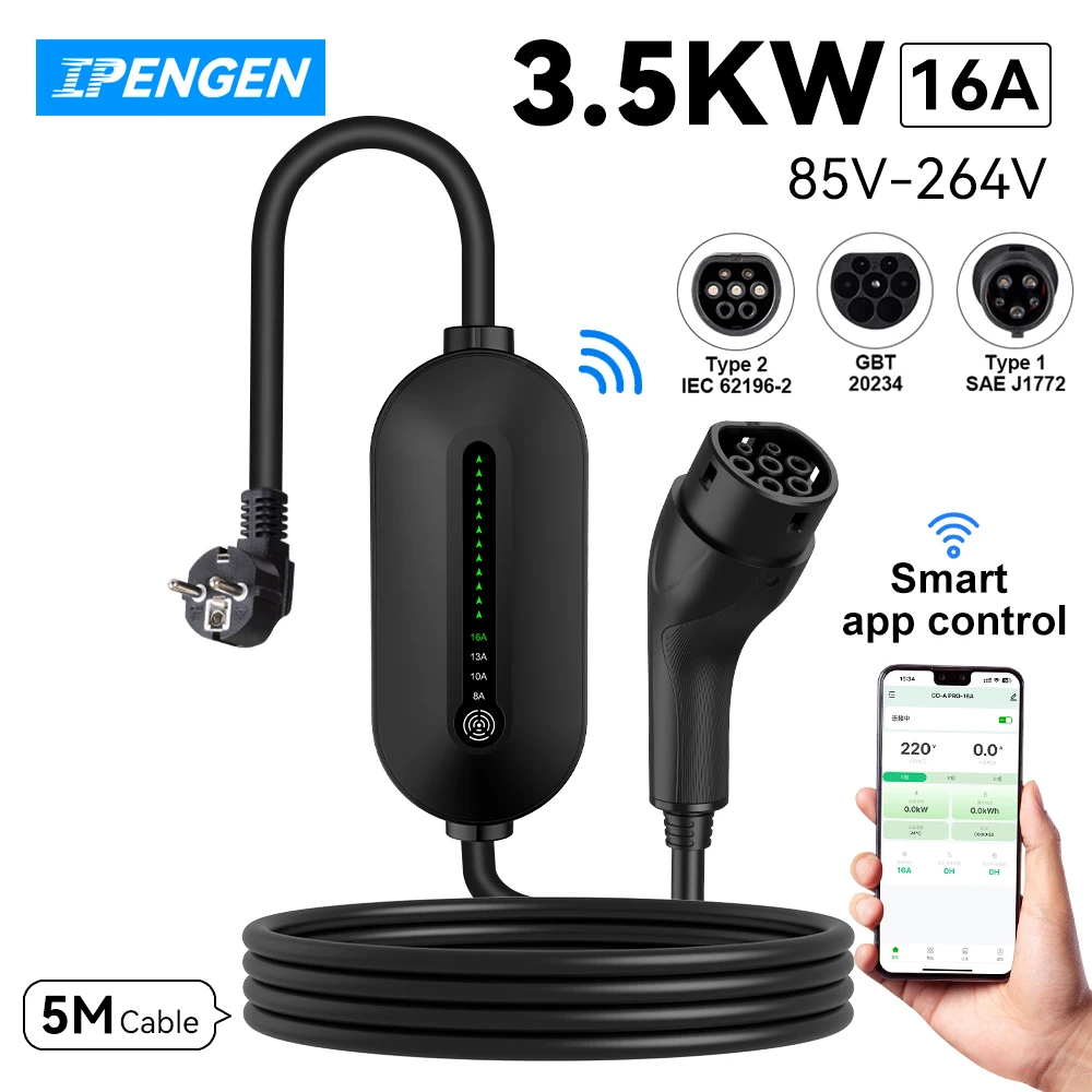 

IPENGEN Type2 EV Charger WIFI APP Control 16A 3.5KW GBT 5M Cable Type1 Portable Charging Box Set Charging&DelayTime for EV Cars