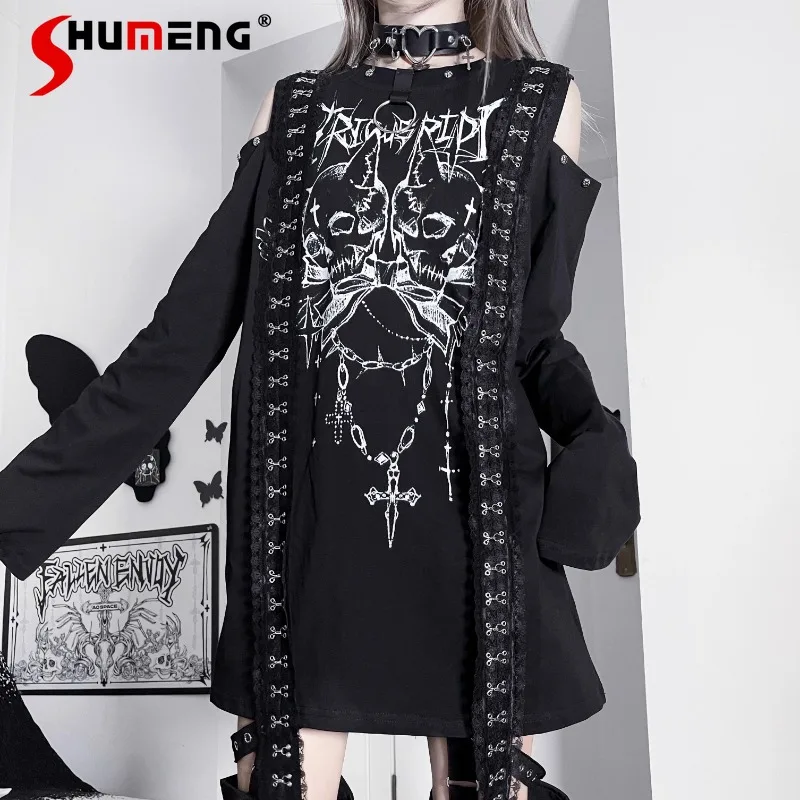 

Japanese Style Unique Design Printed T Shirts Subculture Dark Loose Long-sleeved Off-the-shoulder T-shirt Pullovers Y2k Top Tees