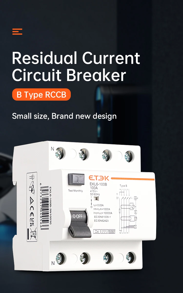 ETEK RCD RCCB Typ B Fehlerstrom-Schutzschalter für Erdung, EVSE 2P 4P 40A 63A 100A 30mA 300mA EKL6-100B DIN-Schiene 220V – Detail 2