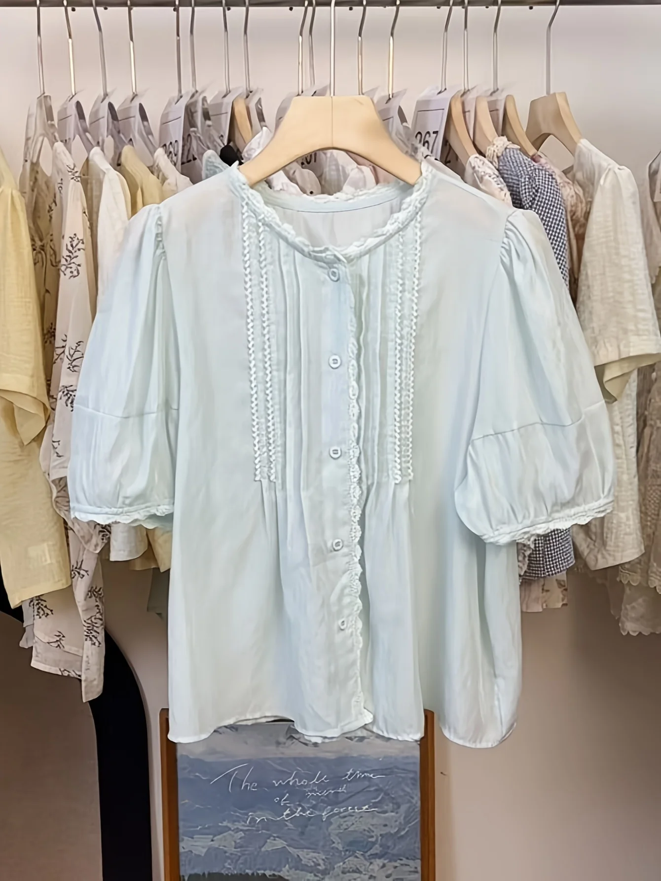 

Women's Light Blue Lace Trim Blouse Puff Sleeve Round Neck Casual Summer Top