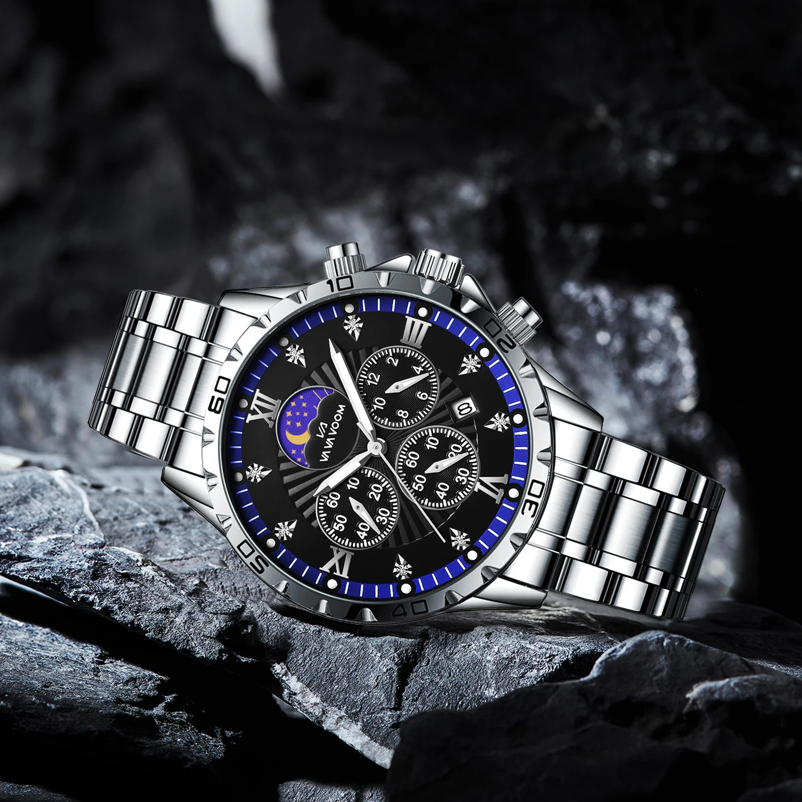 Men Watch US Fast Delivery Multifunctional Luxurious Rhinestone Moonlight Stainless Steel Business Leisure Quartz 1 Set Watches