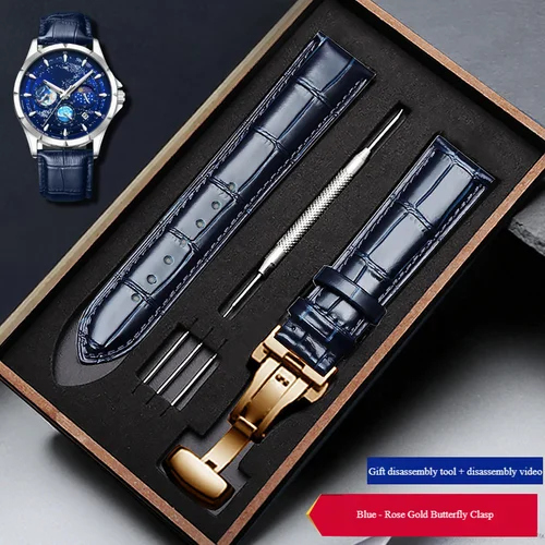 Imagen 2 del producto Correa de piel de vaca de capa superior azul de 12 mm-24 mm combinada con caja de regalo adecuada para Seiko Longines Omega