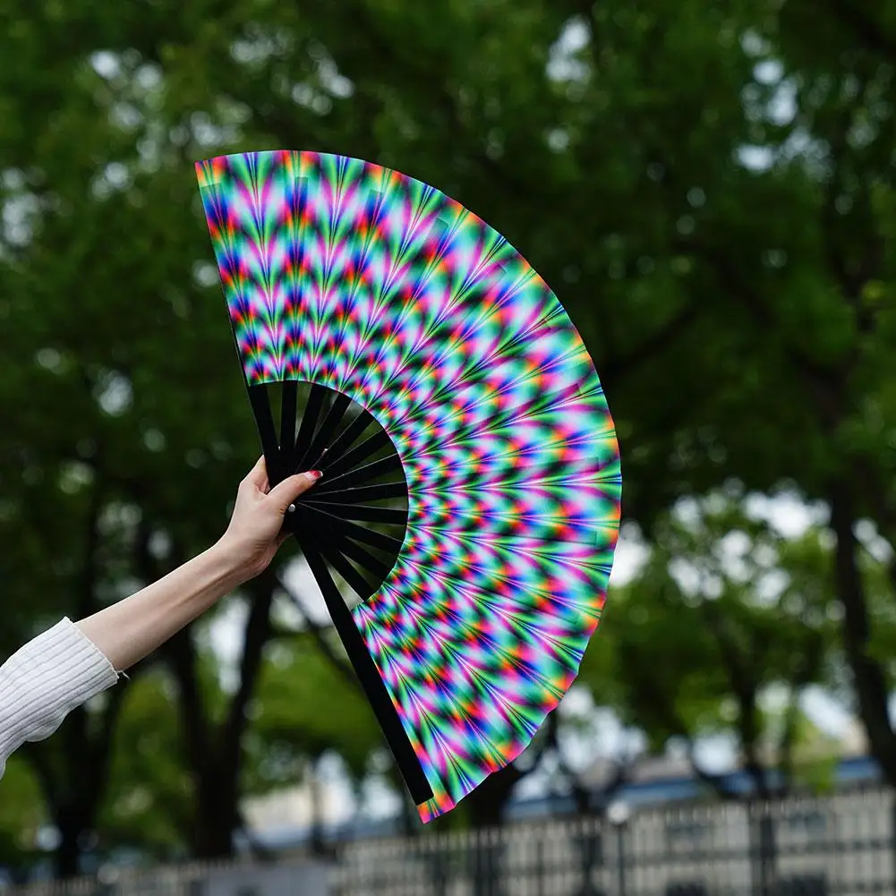 Abanico de mano grande y plegable para Rave, Chinease, gradiente japonés, colorido, reflectante, regalo para Festival de música y baile, 33cm