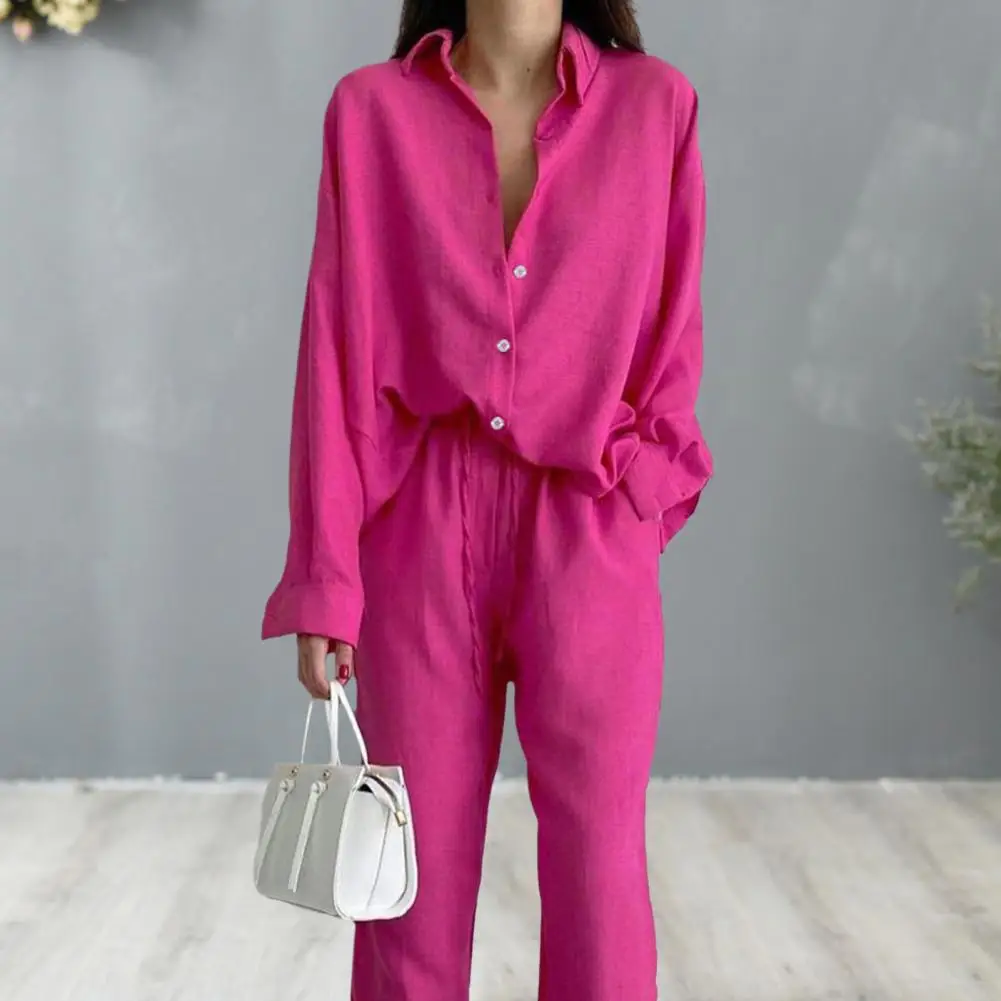 Summer Shirt Pants Two Piece Set Lapel Single-breasted Long Sleeves Drawstring Wide Legs Women Casual Suit Top Trousers Outfit