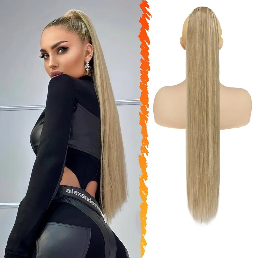 ドローストリングポニーテールエクステンション-30-インチロングストレートライトアッシュブロンドミックス合成フェイクポニーテールヘアピースクリップインダイ用