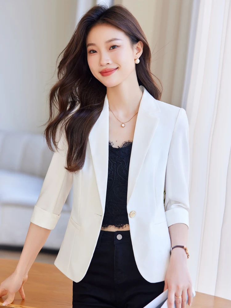 

White Slim Fit Summer Thin Short Sleeve Suit Jacket for Women Fashionable Stylish Casual Business Office Wear Polyester Cotto...