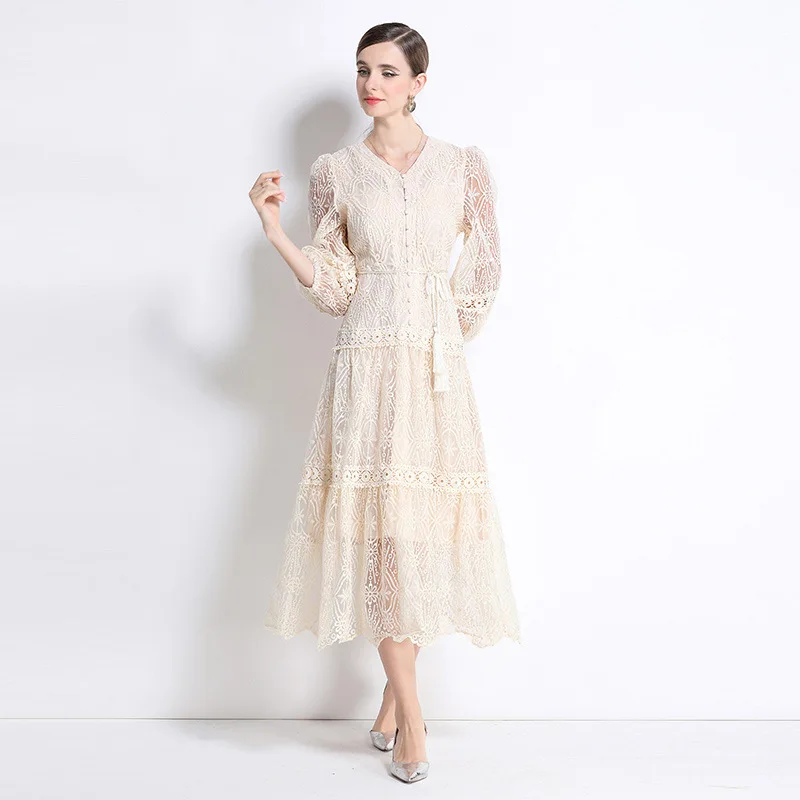 Ele Lace V-ne Lantern Sve Dr Afslankrok met enkele knop voor dames, lang Dr Summer Thiened Windbreaker Sle