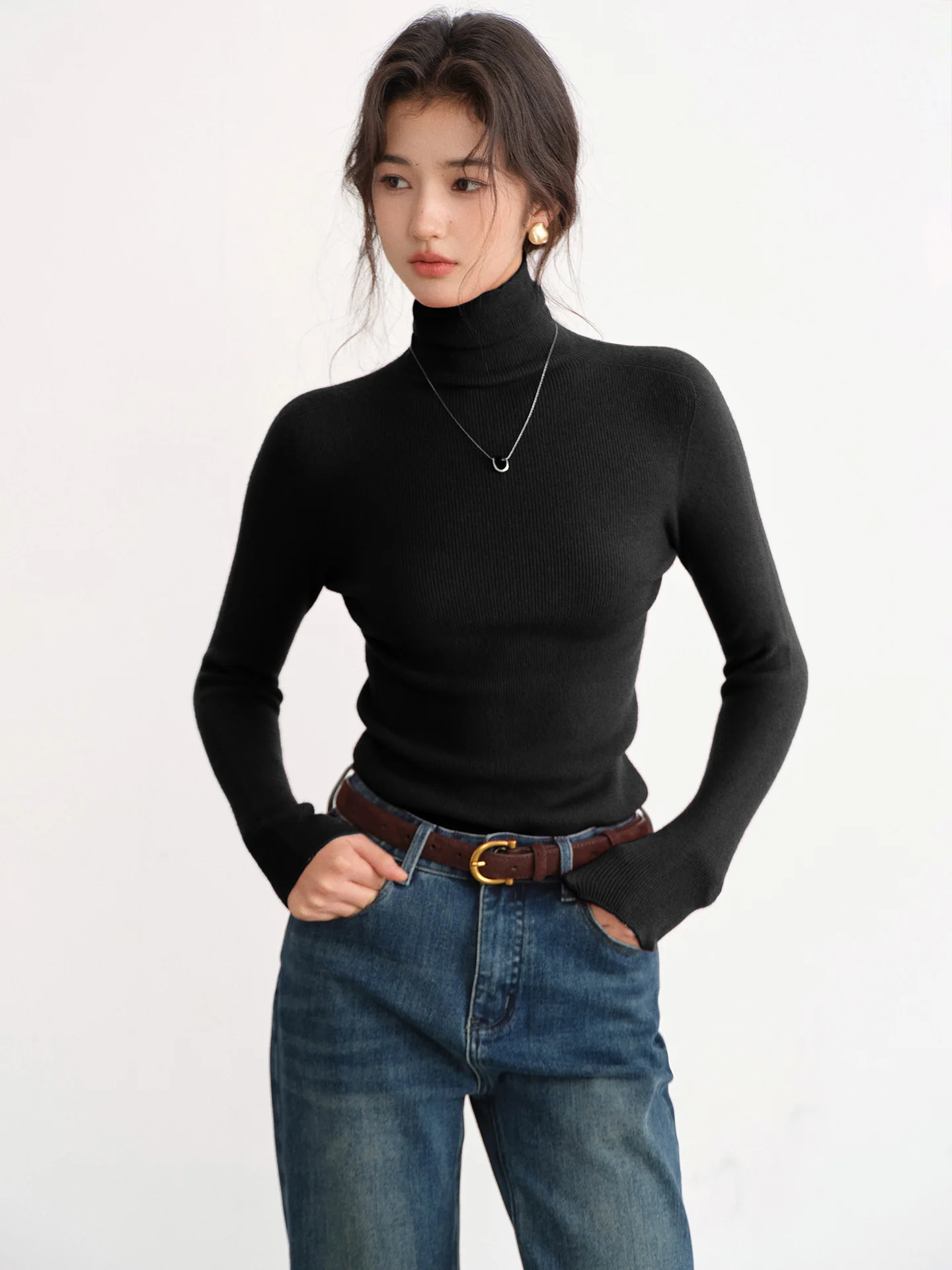 Top de gola alta de malha elástica de ajuste fino para mulheres macio elástico manga longa camiseta casual pulôver para outono inverno casual wear