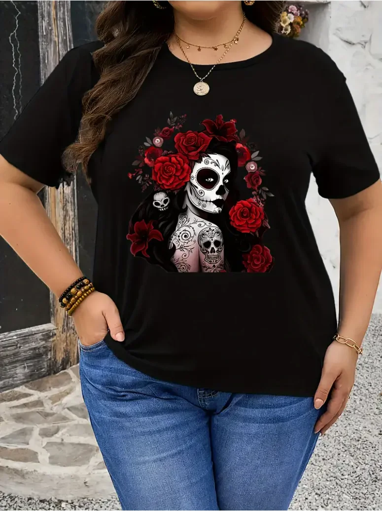 

Женская футболка «День мертвых» больших размеров — черный повседневный топ с короткими рукавами и круглым вырезом с ярким дизайном черепа и красными розами