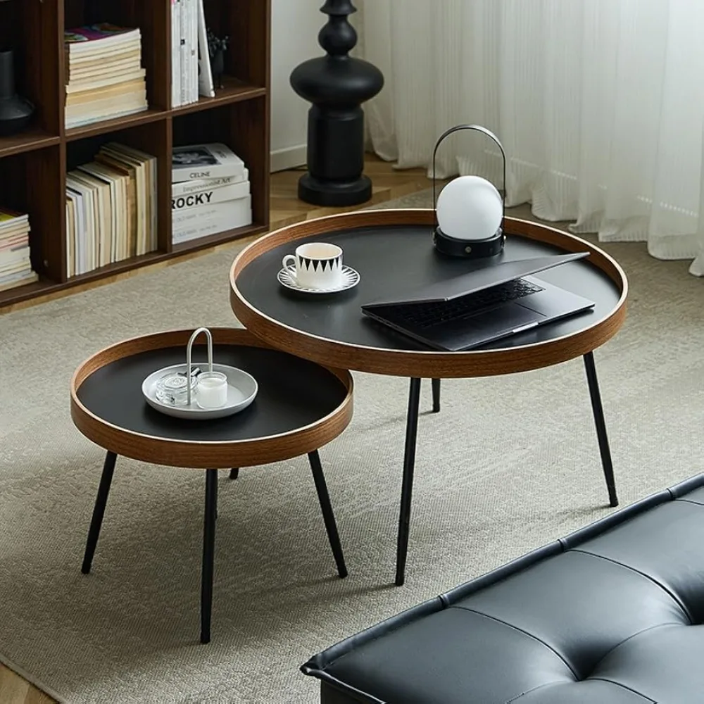 2-Piece Round Coffee Table Set, resistente Metal Frame para sala de estar, sala de jantar, fácil montagem, MDF