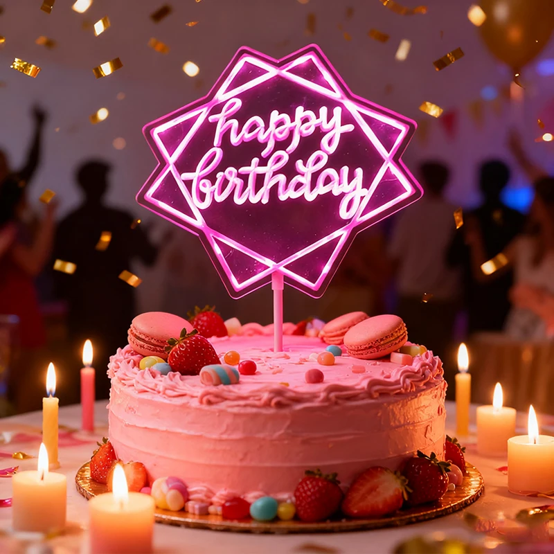LED-Nachtlicht, blinkend, alles Gute zum Geburtstag, Tortenaufsatz, leuchtendes Neonlichtschild für Geburtstagskuchen, Dekoration, Partyzubehör