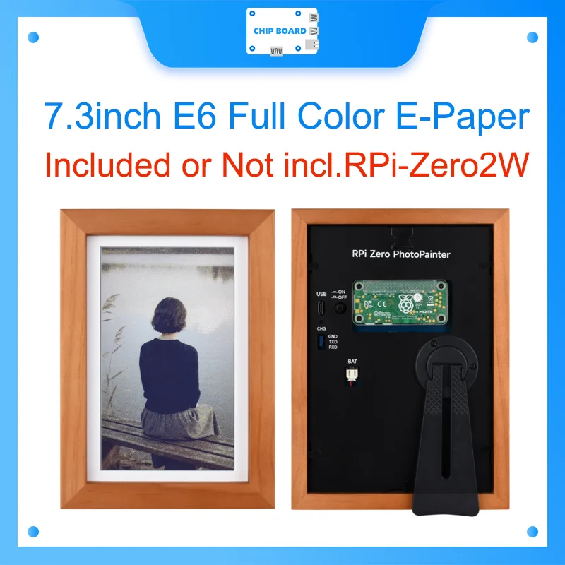 7.3-inch E6 Full-Color E-Paper Display with Solid Wood Frame, 800×480 Resolution for Raspberry Pi Zero