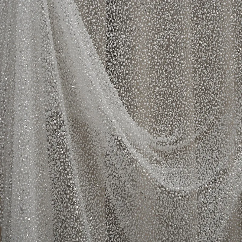 Top - grade Full - width Pearl - studded Beaded and Sequined Embroidered Tulle Cloth for Bridal and Evening Gowns Pearl Tulle