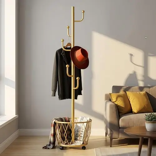 Modern Freestanding Metal Coat Rack In Gold Tone With Wire Basket Storage For Jackets, Hats, Scarves And Bags – Mobile, Stable,