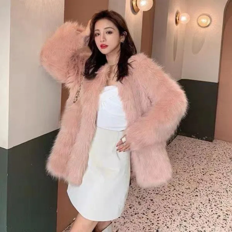 

Mid Long Winter Coat Women Artificial Fox Fluffy Jacket Teddy Luxury Fur Coat Loose Coat Thick Warm Loose Women's Plush Outwear
