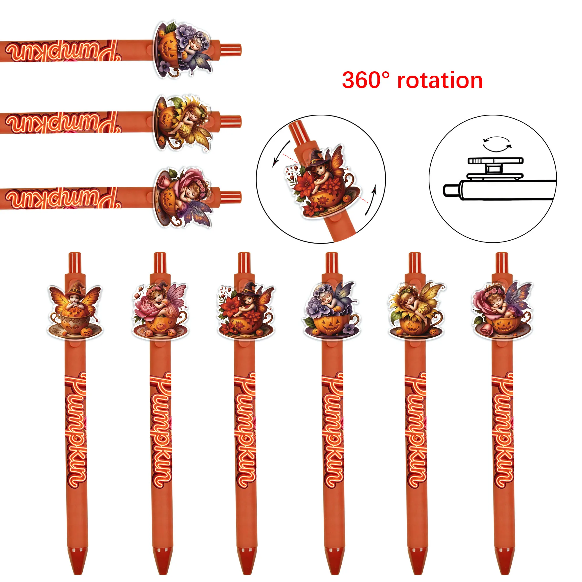 

12pcs Creative Pumpkin Fairy Themed Click-Push Round Pattern Rotatable Smooth Writing Black Ink Student Gift Pen
