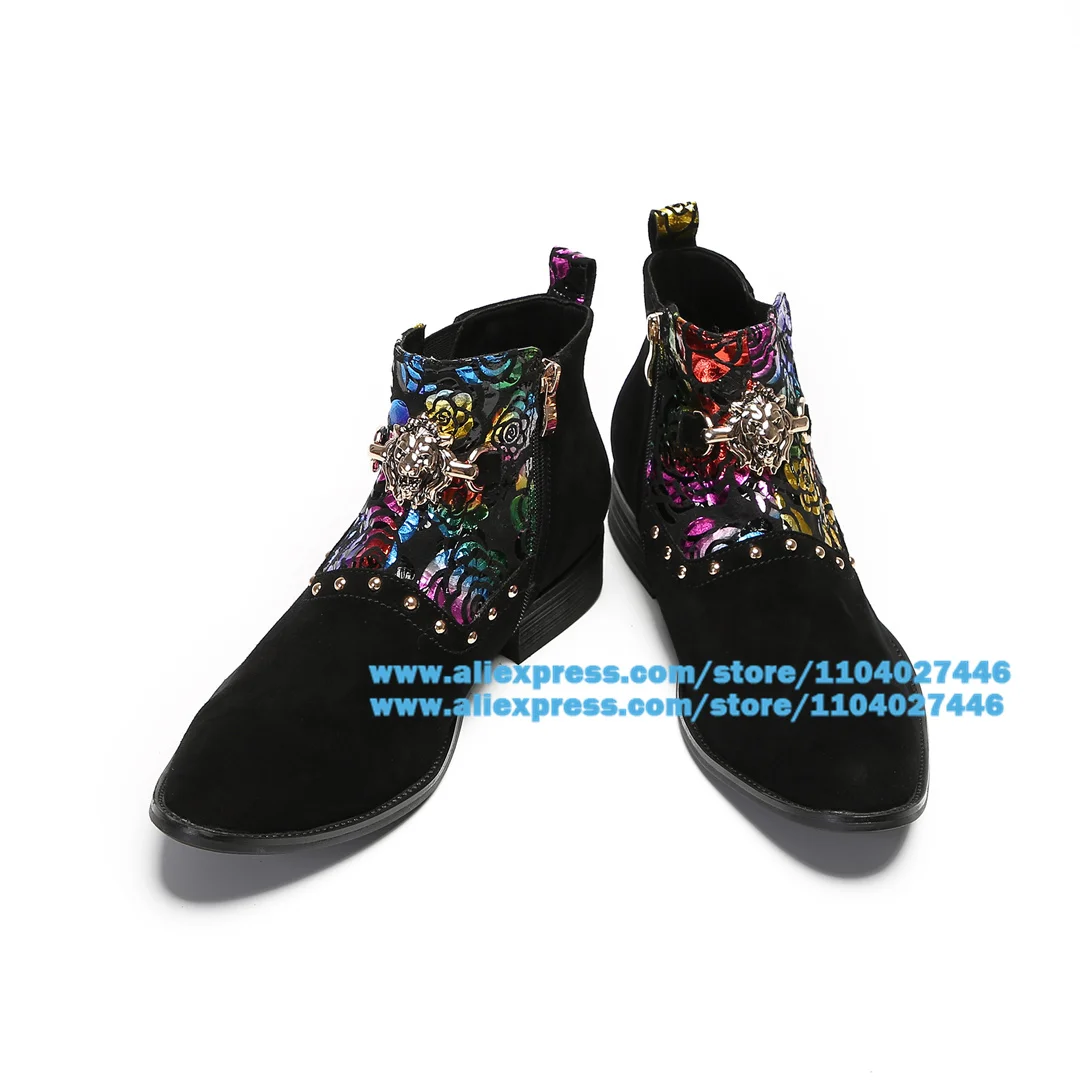 Multi-Colors Flower Boots for Men Side Zipper Black Suede High-Top Boots British Luxury Handmade Trendy Men Botas Males Shoes