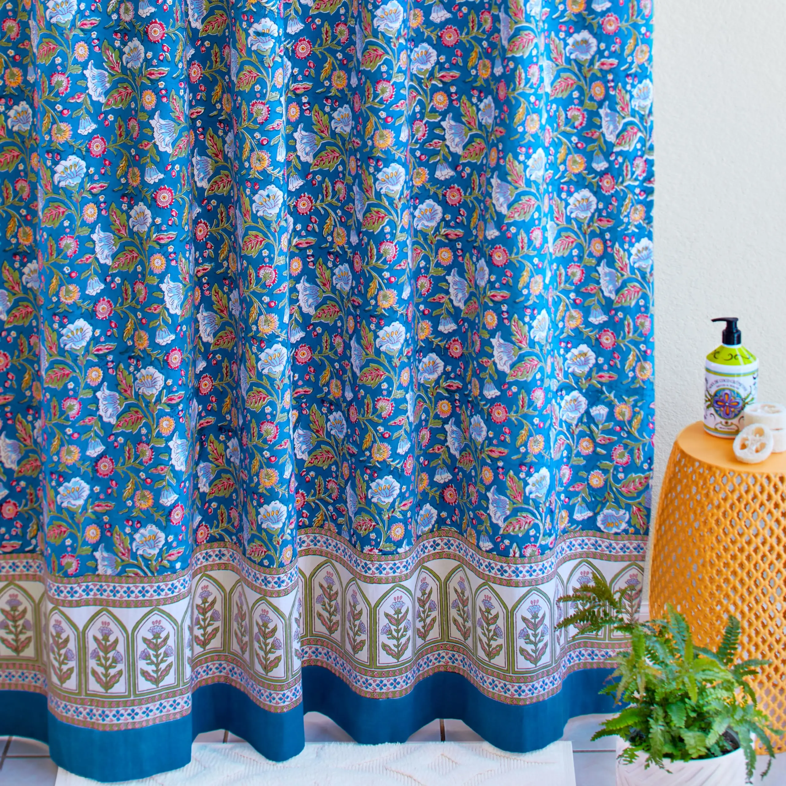 Fabric Shower Curtain, 100% Blue Cotton, 72x72 Inches, Perfect for Bathroom Decor, Farmhouse, Boho, and Vintage Styles