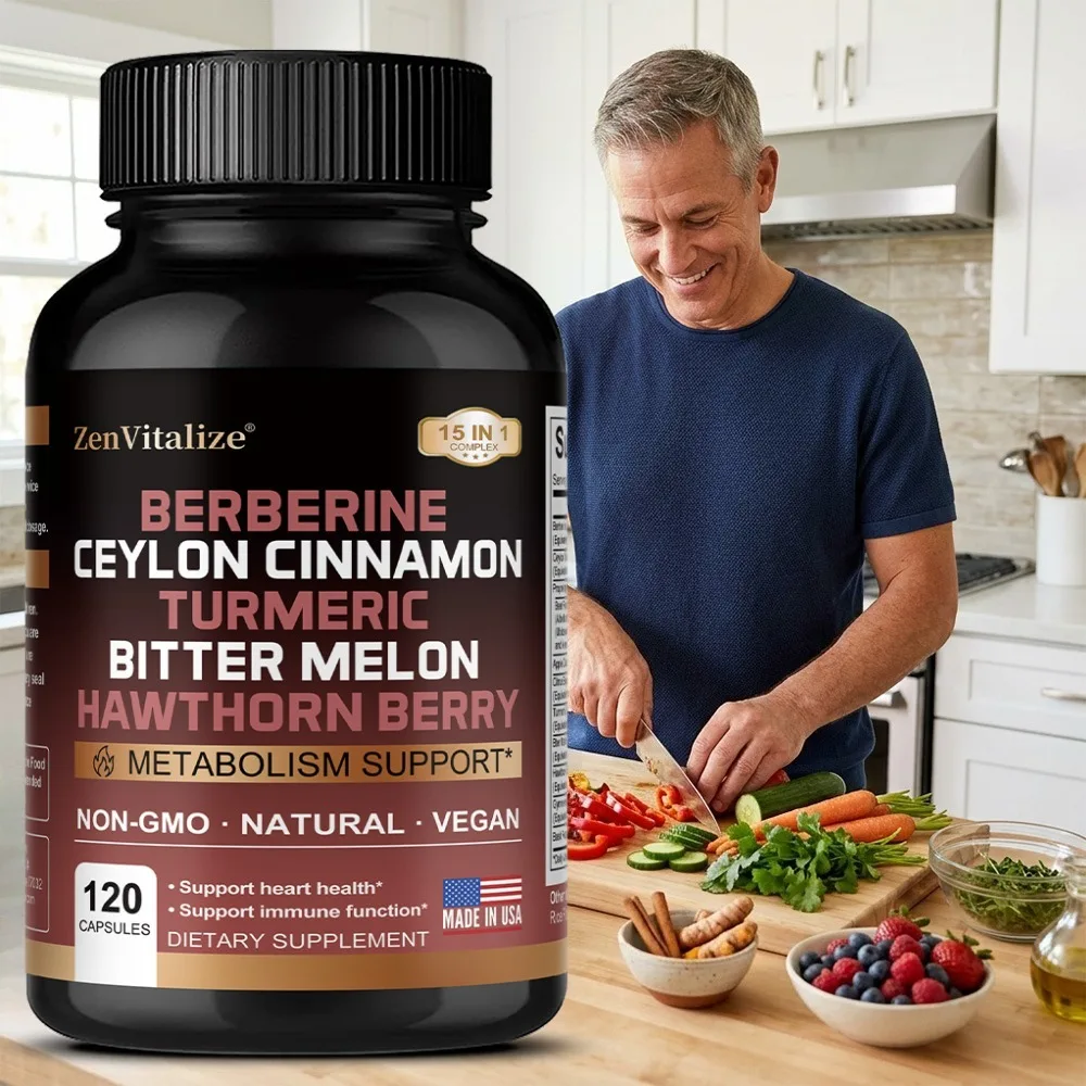 Berberine with Ceylon Cinnamon, Bitter Melon, Apple Cider Vinegar, Hawthorn Berry, Turmeric, 15-in-1 Capsules for Heart, Immune