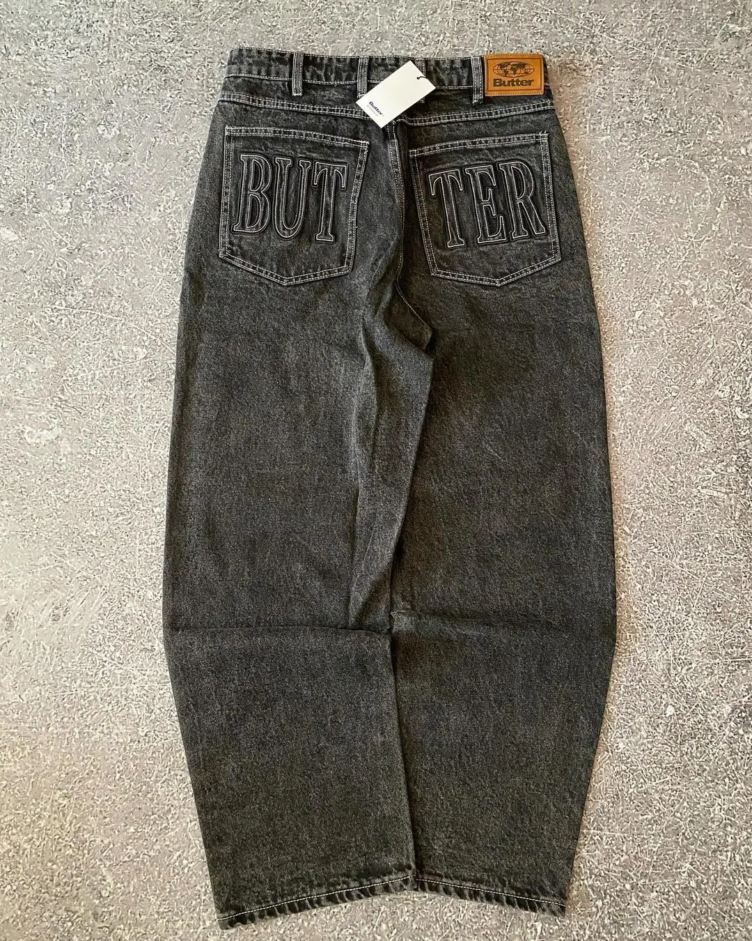 Harajuku masculino com padrão de carta bordada tridimensional, calça solta de perna larga, jeans lavado, marca de moda de rua, harajuku simples