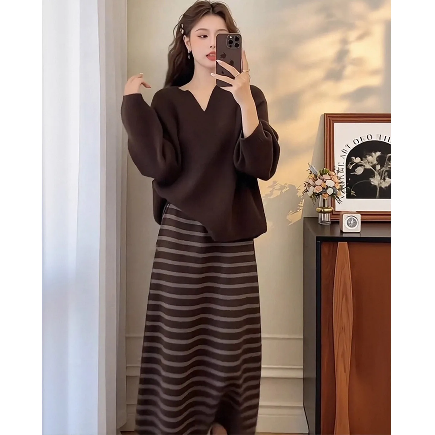Original High Quality Winter Knitted Sweater And Stripe Skirt Two Piece Set for plus Size Women Korean Style Casual Spor...