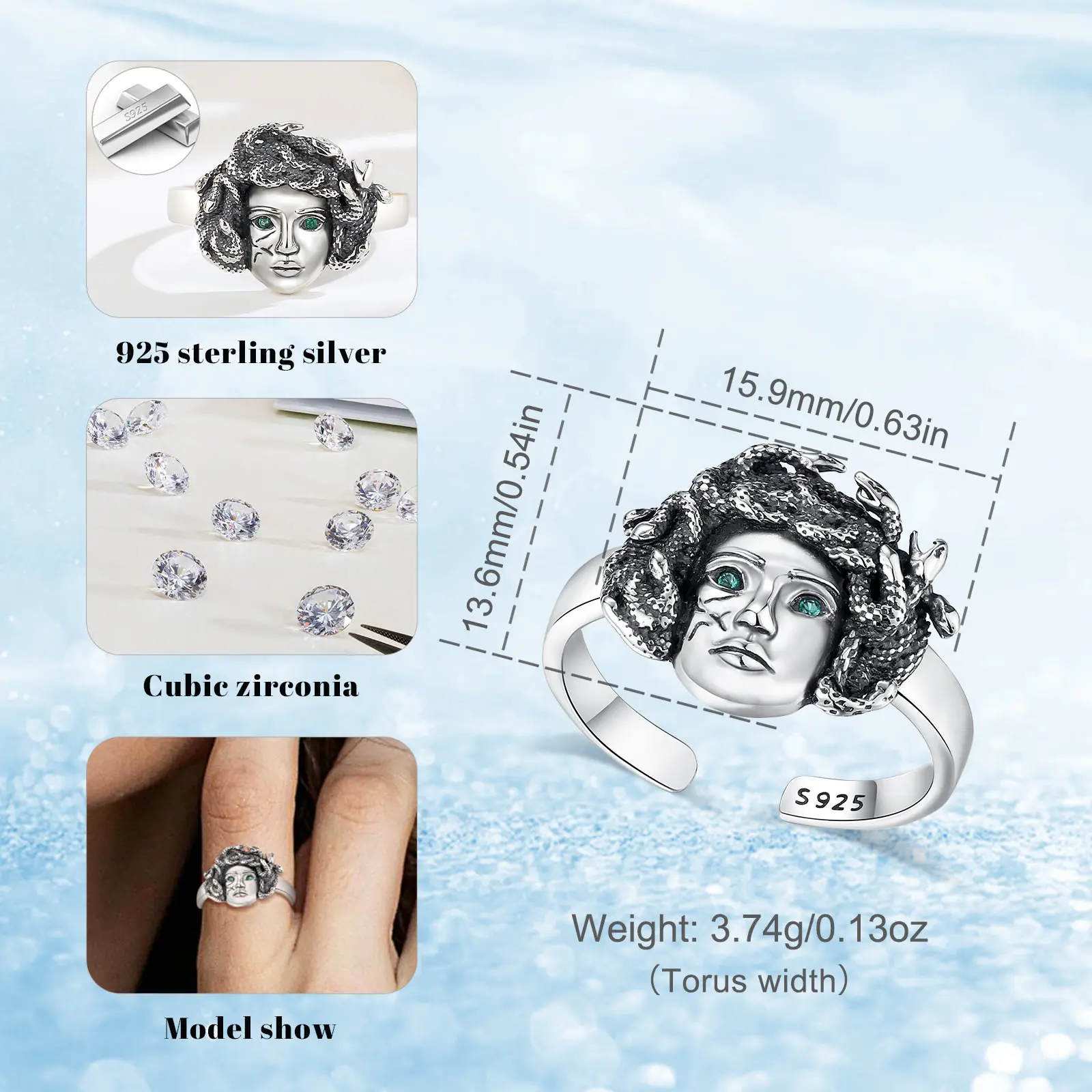 Eudora 925 Sterling Silver Snake Medusa Adjustable Ring Greek Mythology Goddess Ring Witch Jewelry Spiritual Gift for Women Men