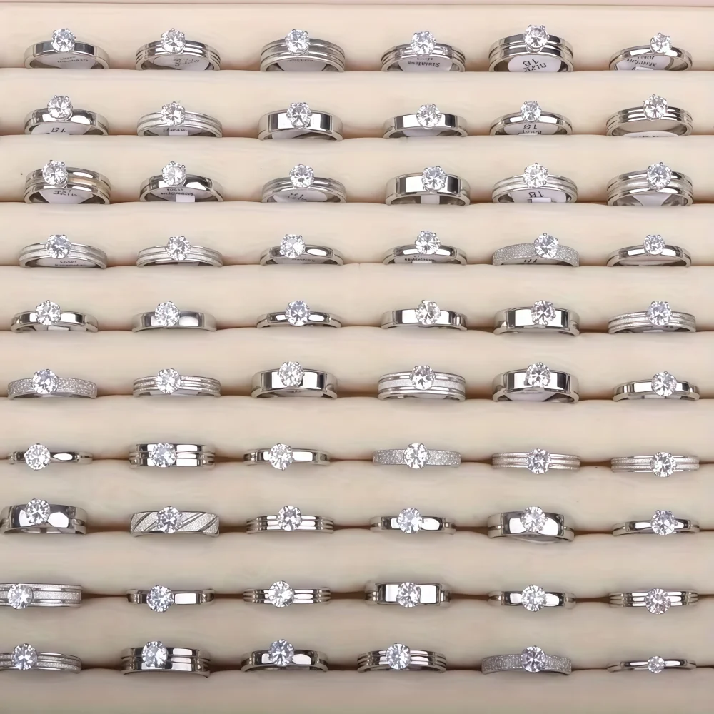 6/8/12/24Pieces/Lots Fashion Stainless Steel Cubic Zircon Rings For Women Mix Style Simple Trendy Wedding Engagement Jewelry