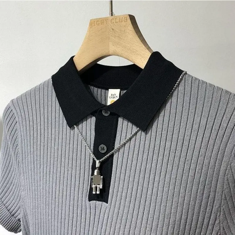 2024 New Summer High-end Temperament Men\'s Fashion Contrasting Color Casual Minimalist Slim Fit Short Sleeved Knitted Polo Shirt