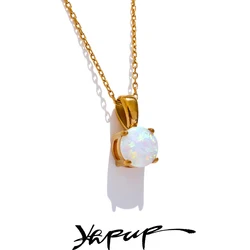 Yhpup Exquisite Round Opal Stone Pendant Necklace for Women Stainless Steel Korean Style Fashion Temperament Neck Jewelry