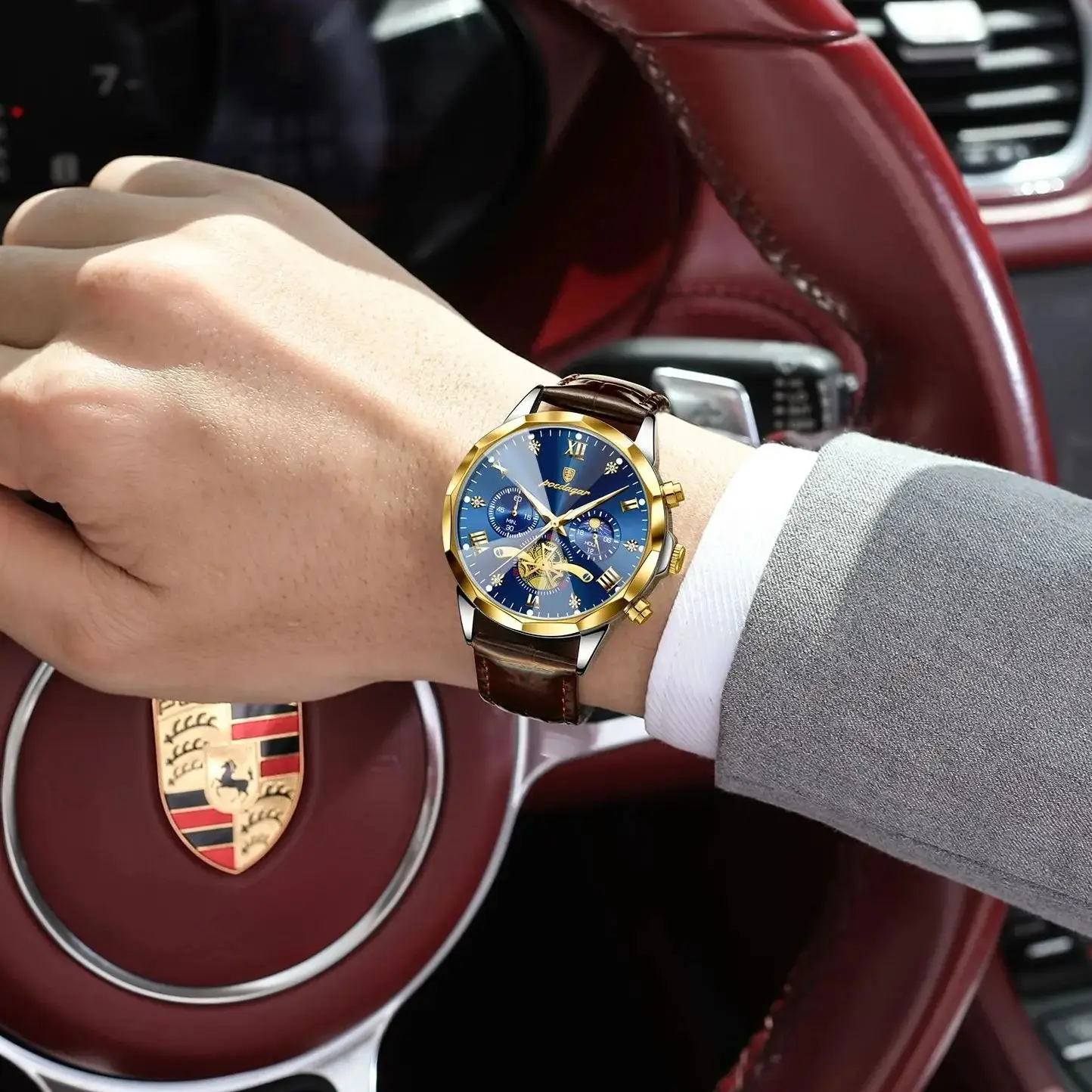 POEDAGAR العسكرية الفاخرة الرجال ساعة اليد الكوارتز مقاوم للماء مضيئة كرونوغراف جلد رجل ساعة رياضية ساعات رجالية الذكور Reloj