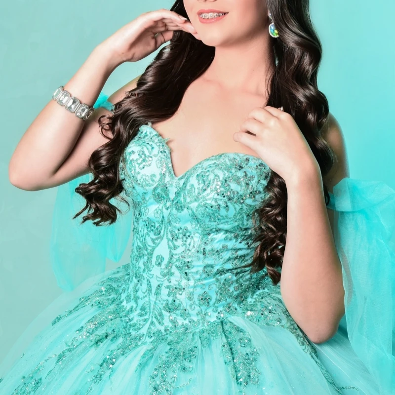 Vert brillant Quinceanera robes hors De l'épaule paillettes appliques dentelle perles tulle fête anniversaire doux 16 robe robes 15 De