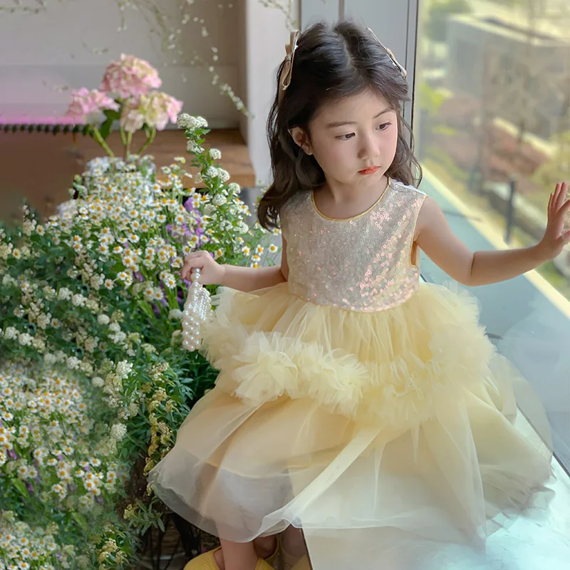 

2025 summer new Girl dresses stylish mesh princess dress Cream yellow kids girl clothes sleeveless children's sequin vest dress
