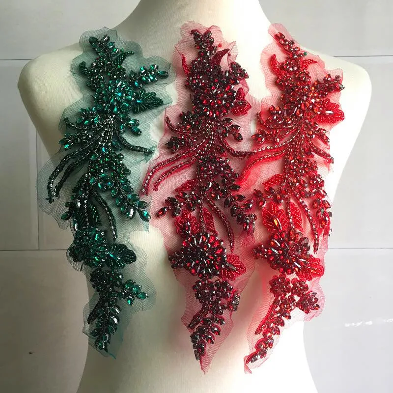 

Fany Long Crystal Trims For Coat Dress Decoration Peacock Green Wine Red Glass Crystal Flower Appliques For Garments Accessory