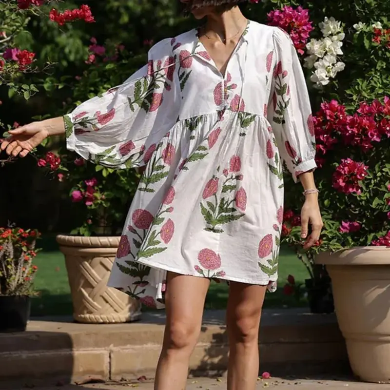 Combhasaki Damen Y2K Boho Loungewear Modische Loose Fit Ästhetischer Blumendruck Puff Langarm Kurzes Minikleid Streetwear