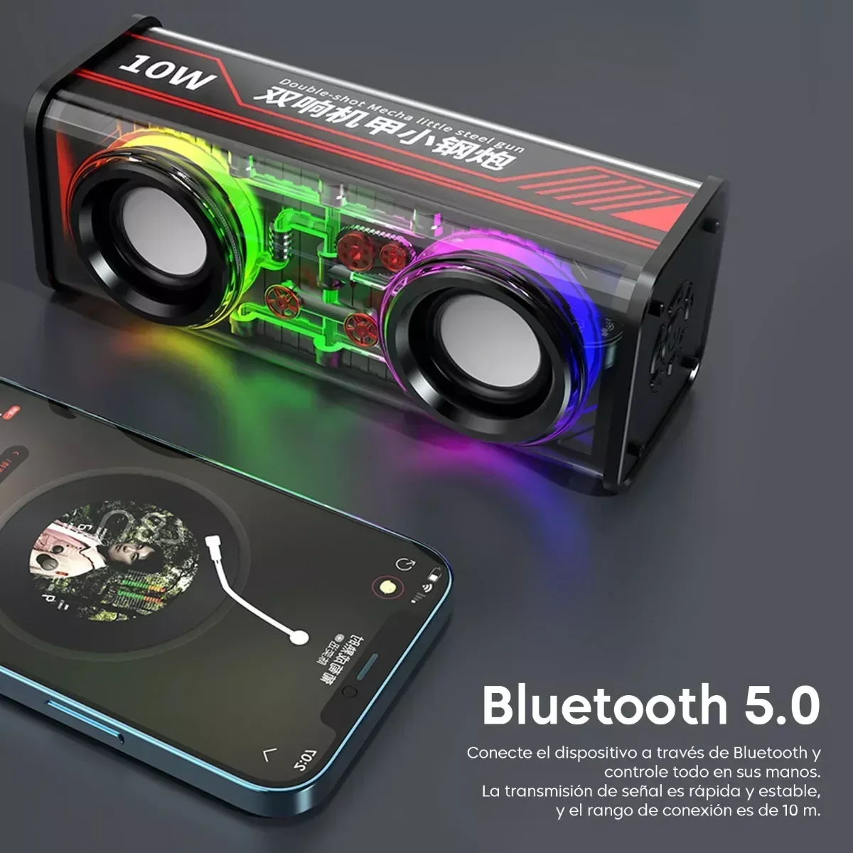 Punk Style Dual Speakers Transparent Mechanical Wireless Bluetooth 5.3 Speakers LED TWS Bass Diaphragm Sound Soundbar