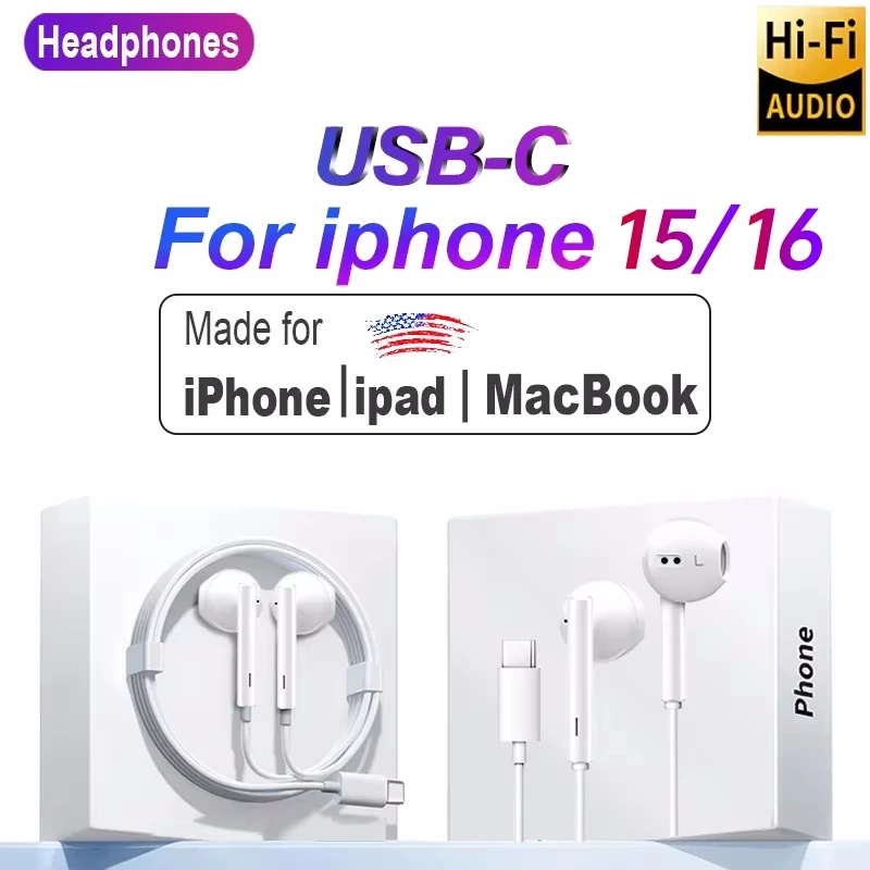 Type C Wired Headphones For Apple iPhone 15 16 Pro Max With Microphone in-Ear Earphone For Samsung Huawei Xiaomi USB-C Phone