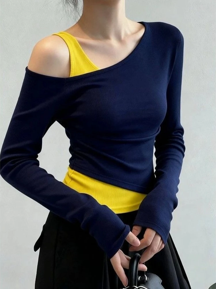 Women Navy Blue Fake Two Piece T Shirt Autumn Cinched Waist Elegant Unique Design Slim Fit Chic Top 2026