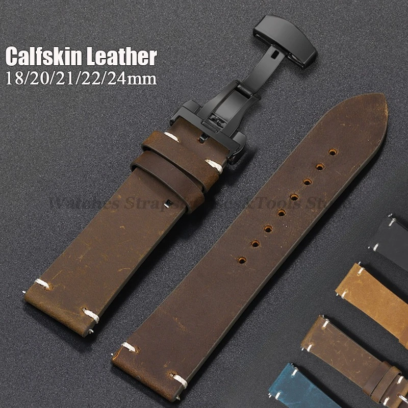 Calfskin Leather Stitching Watchbands 18mm 20mm 21mm 22mm 24mm Strap for Samsung Galaxy Watch 6/5/4 for Omega Butterfly Buckles