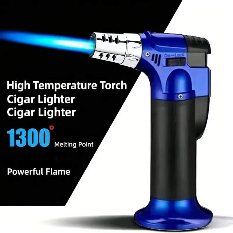 2027 Blue Flame Butane Torch Lighter 1300℃ Windproof Metal for Kitchen Barbecue Camping Welding Cooking (Butane Not Included)