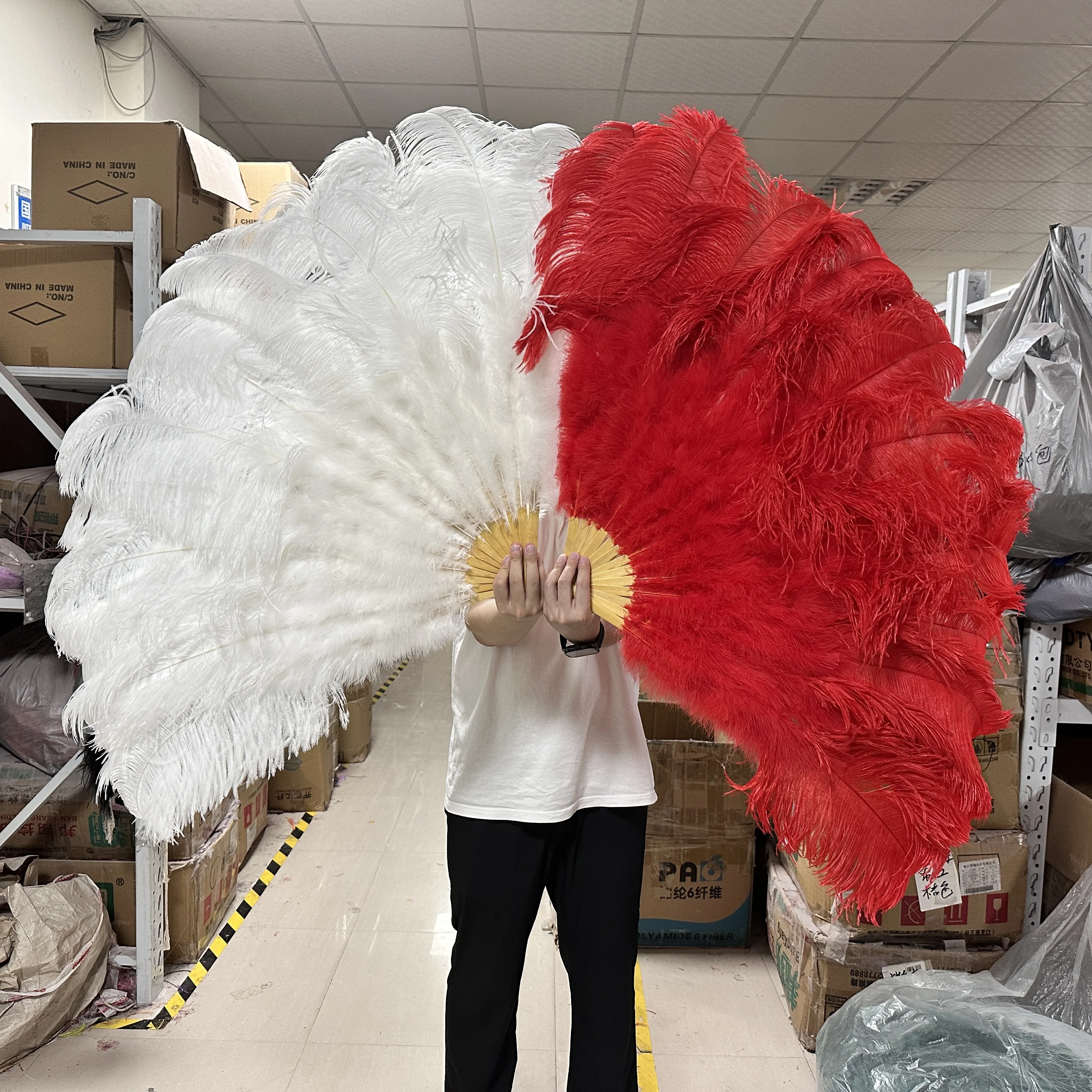 

13Bone White Red Ostrich Feather Fan 1/2PCS Foldable Handheld Fluffy Feathers Fan for Large Stage Performance Plumes Accessories