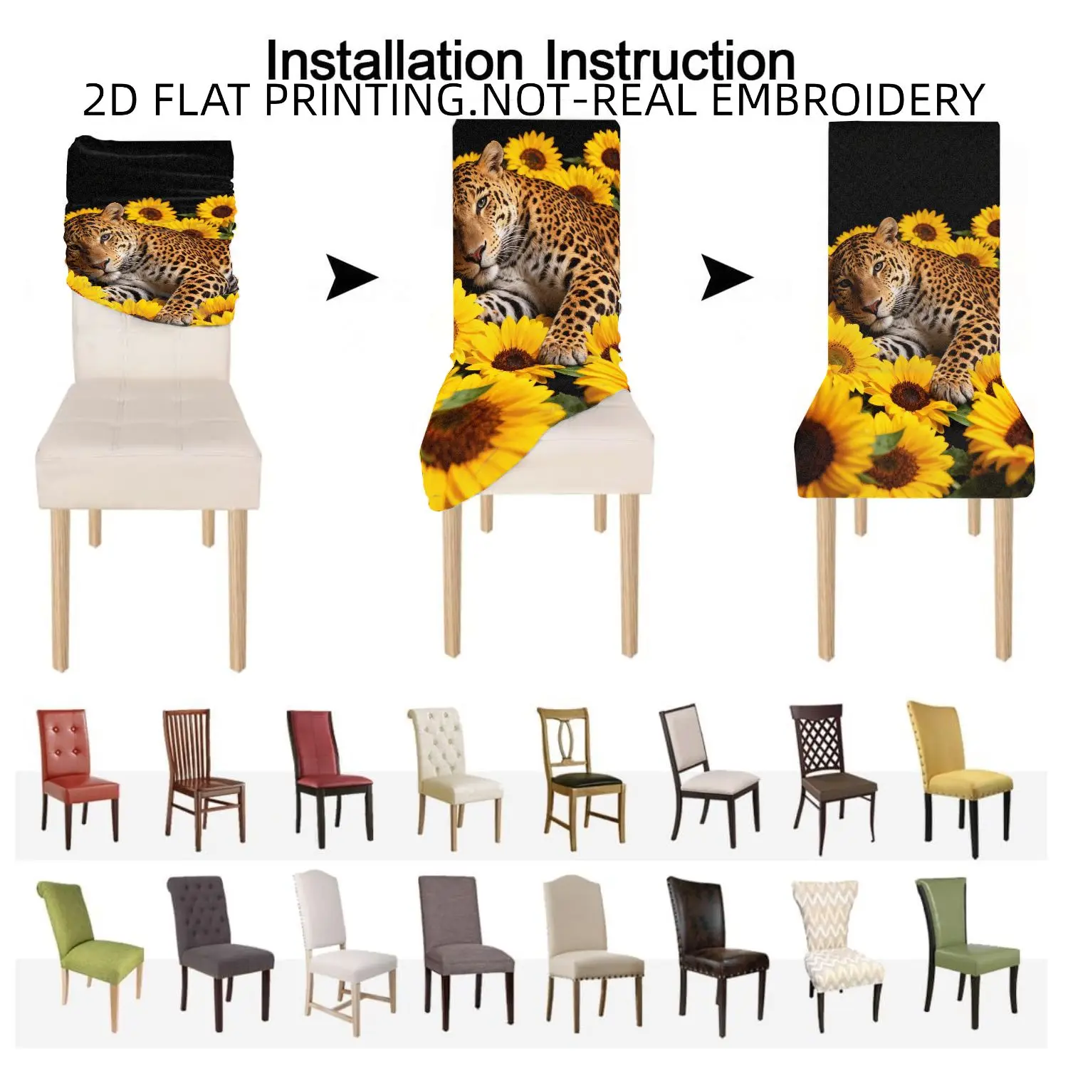 Stretch Dining Chair Cover Bow Chair Cover Tablecloth, Lion Leopard Tiger Sunflower Rose Lavender 2D Flat Pattern