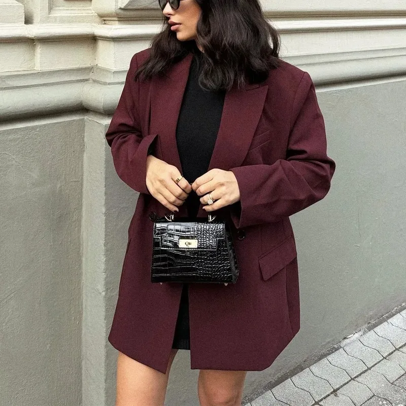 Moda feminina transfronteiriça estilo europeu e americano lapela trespassado elegante blazer borgonha novo modelo