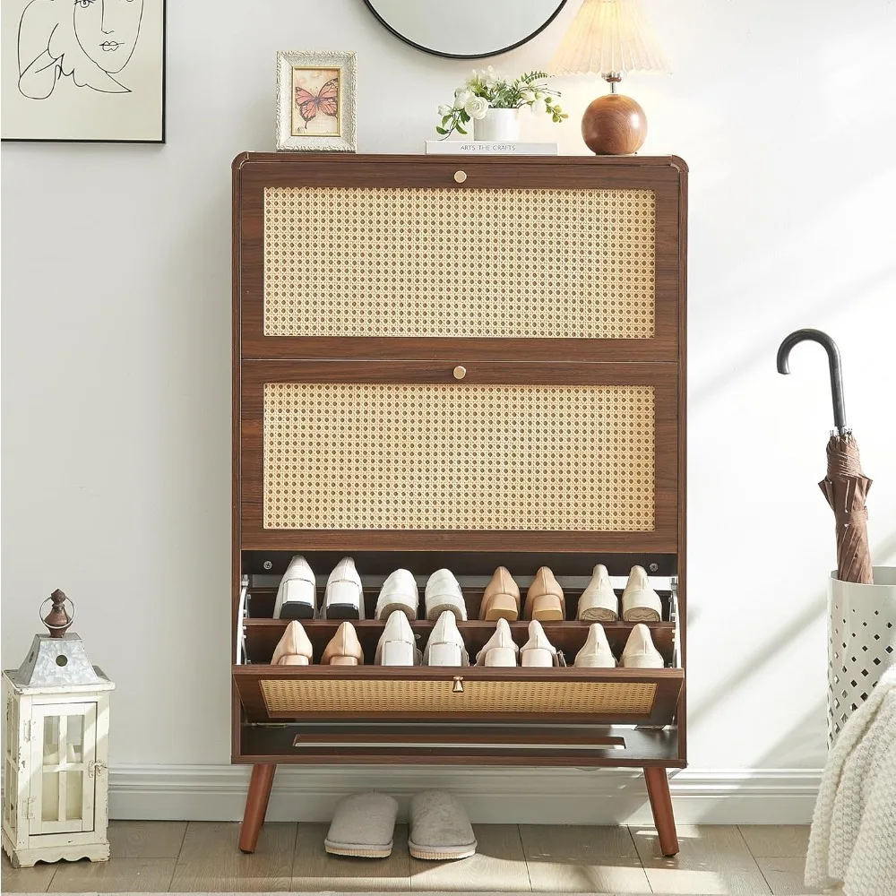 

Shoe Cabinet Shoe Storage Organizer with 3 Rattan Flip Drawers Hidden Shoe Rack for Entryway Hallway Living Room Free Sta