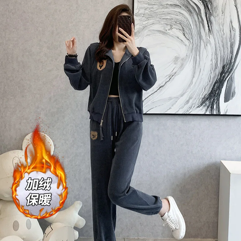 

Winter Thick Fleece Women Sport Suit Thermal Loose Jacket Sweatshirt+pant Runninig Jogger Fitness Workout Casual Set Sportswear